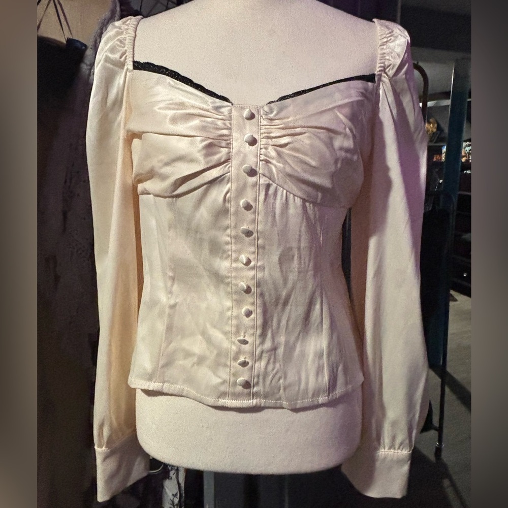 Brand New NT SHEIN Cream Satin with Black Lace Off-Shoulder Faux Button Down